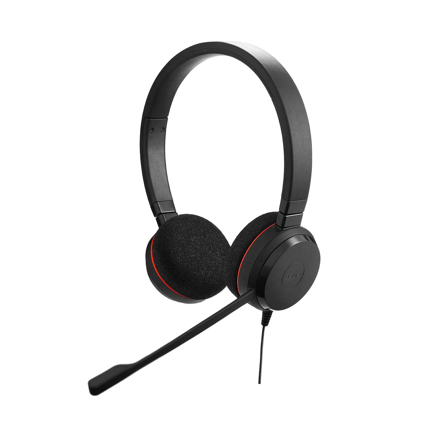 A black Jabra Evolve 20 UC Wired Headset Stereo, Professional Telephone Headphones for Greater Productivity, Superior Sound for Calls and Music, USB Connection, All Day Comfort Design with a straight headband and two cushioned ear pads. It includes a noise-canceling microphone attached to a long boom on the left ear cup and a wired connection. The ear pads, accented in red on the inner edges, ensure all-day comfort.
Brand Name: Jabra