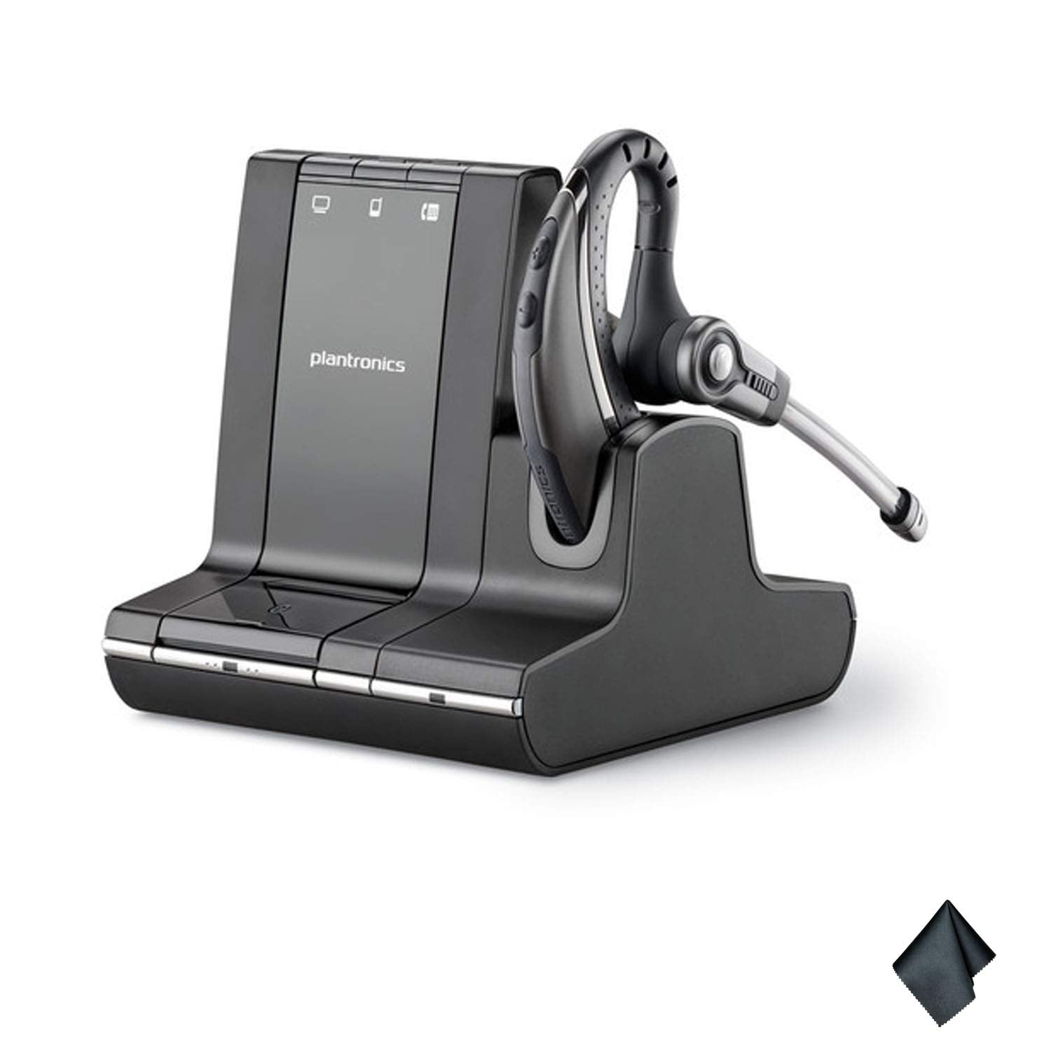 A Plantronics Savi Office W730 Wireless Headset (83543-11) in black, designed for professional use, rests on its charging base. The base features LED indicators and a sleek, modern design. With flexible connectivity, it offers seamless integration across devices. Nearby lies a small cleaning cloth.