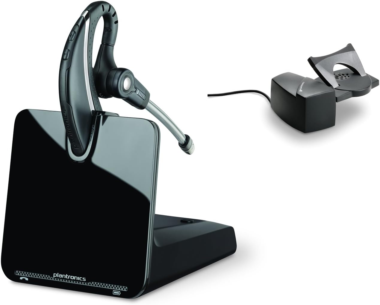 Image of a Plantronics CS530 Office Wireless Headset with Extended Microphone (model 86305-01) sitting on its sleek black charging station, accompanied by the HL10 Handset Lifter accessory. The headset features a flexible microphone boom. Both the charging station and the phone lifter are streamlined and black in color.